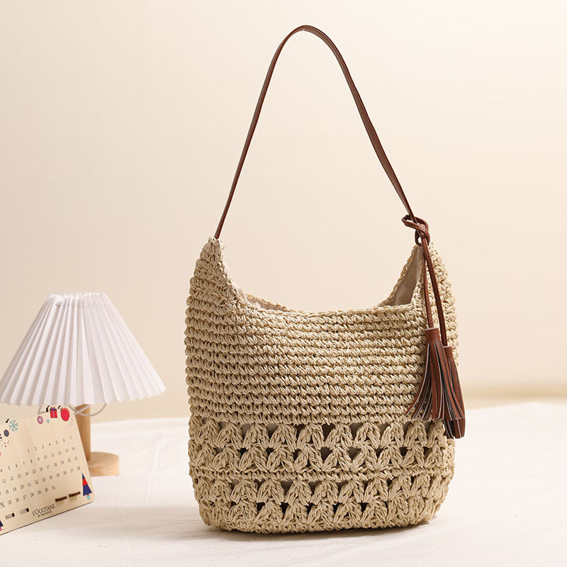 Hollow Out Cutout Straw Bag Tassel Straw Bag Woven Bag Seaside Vacation Beach Bag Casual Shoulder Bag