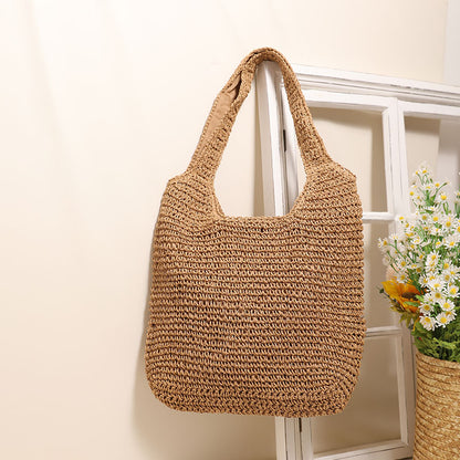 Large Capacity Shoulder Straw Bag Simple Straw Bag Woven Bag Vacation Beach Bag Casual Women Bag One Size Double Big Handle Coffee
