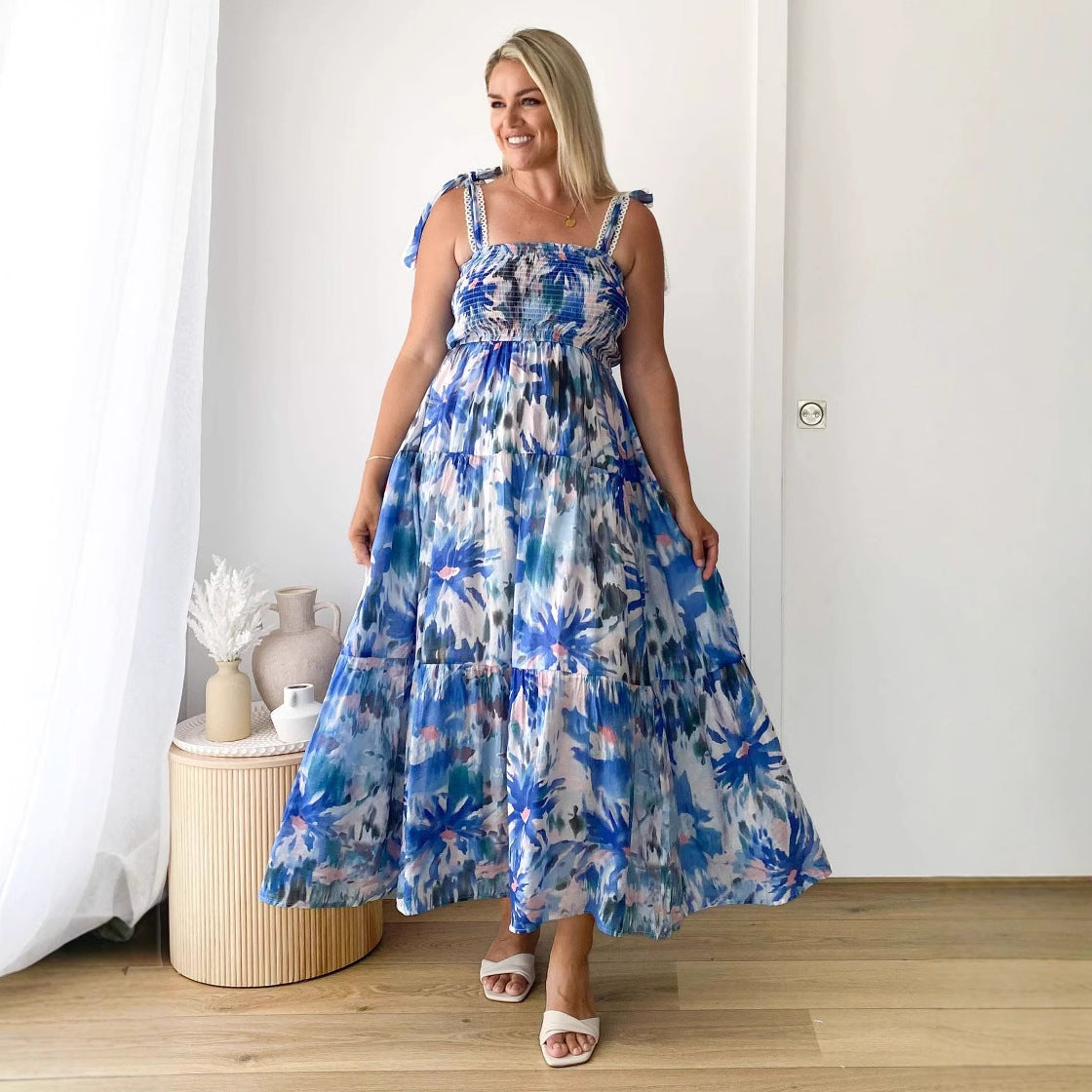 Spring Summer Floral Printed Sling Smocking Elastic Waist Knotted Shoulder Strap Large Swing Dress Long White Background with Blue Print
