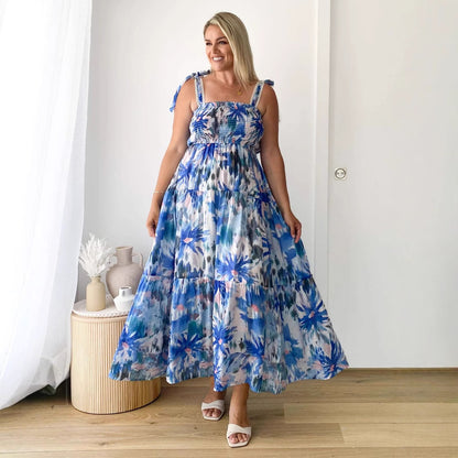 Spring Summer Floral Printed Sling Smocking Elastic Waist Knotted Shoulder Strap Large Swing Dress Long