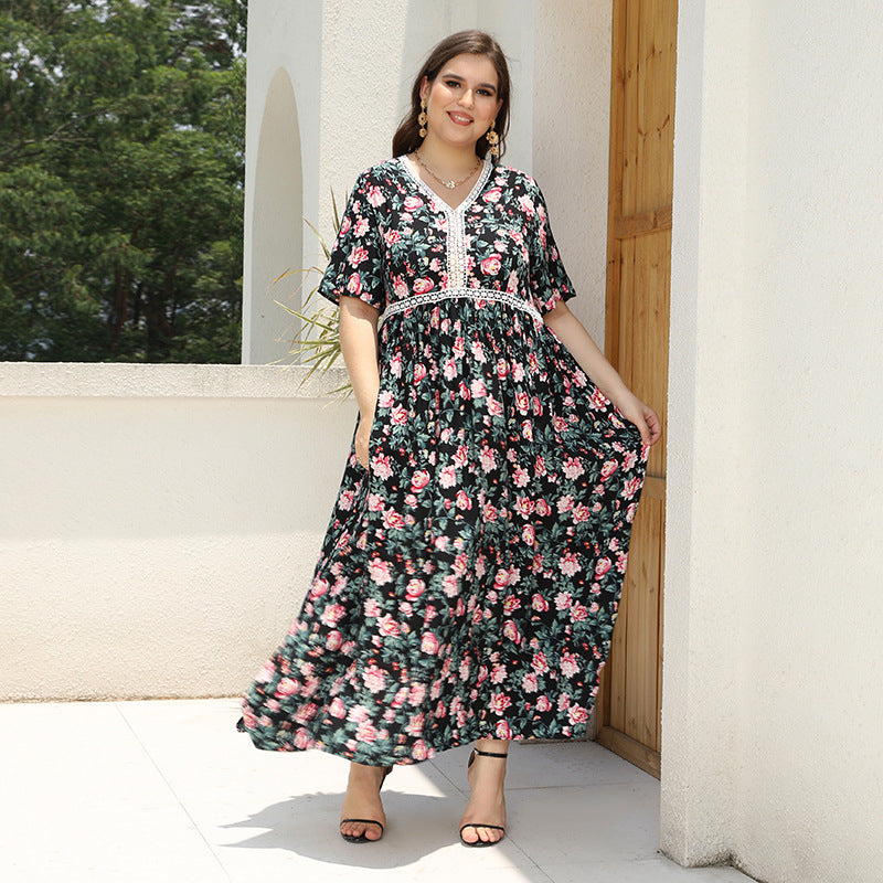 Plus Size V neck Printed Dress Lace Stitching Loose Floral Dress Beach Vacation Beach Dress