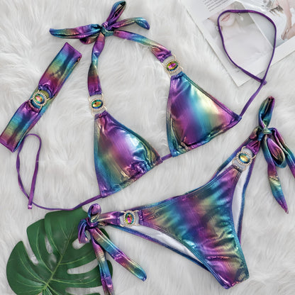 Sexy Bikini Crystal Diamond Three Piece Split Swimsuit Beach Shiny Women Swimsuit Colorful Purple Blue