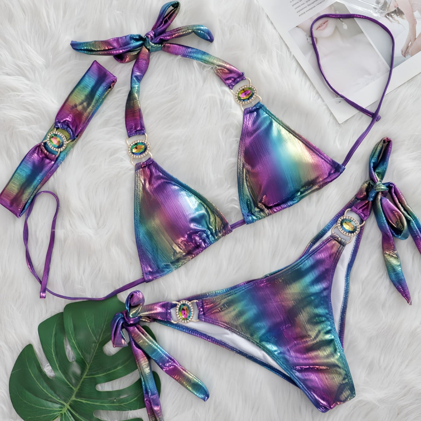 Sexy Bikini Crystal Diamond Three Piece Split Swimsuit Beach Shiny Women Swimsuit Colorful Purple Blue