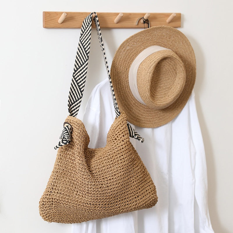 Navy Straw Bag Handmade Shoulder Woven Bag Women Bag Holiday Beach Bag One Size Striped Handle Brown