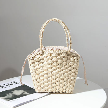 Japan South Korea Straw Bag Solid Color Woven Bag One Shoulder Hand-Carrying Small Bag Casual Women Bag Vacation Beach Bag One Size Wide Woven Basket Beige