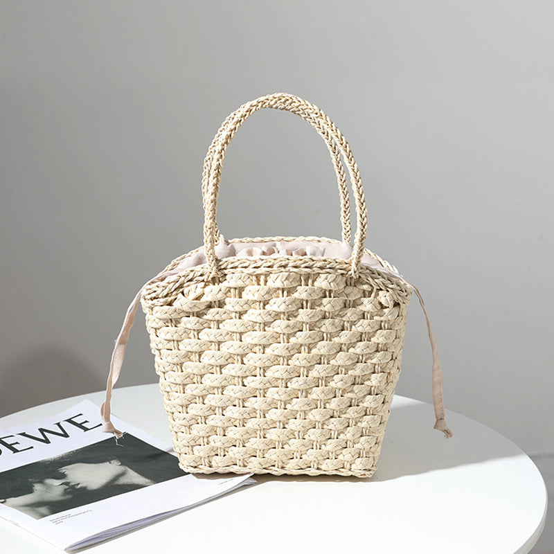 Japan South Korea Straw Bag Solid Color Woven Bag One Shoulder Hand-Carrying Small Bag Casual Women Bag Vacation Beach Bag One Size Wide Woven Basket Beige