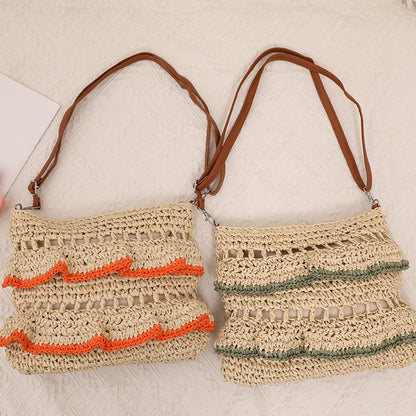 Crossbody Lace Straw Bag Ruffled Summer Color Straw Bag Woven Bag Seaside Beach Vacation Bag