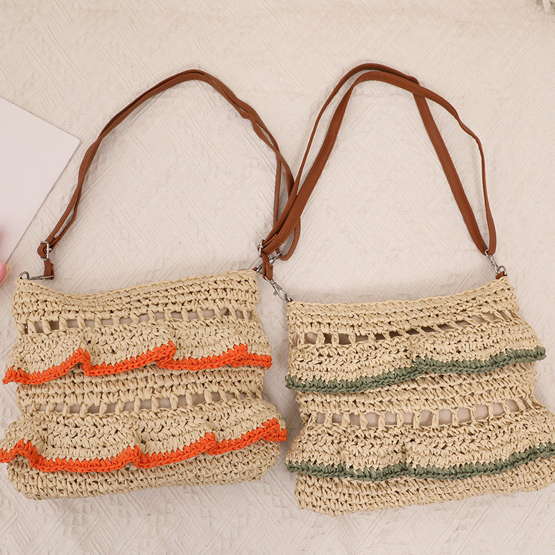 Crossbody Lace Straw Bag Ruffled Summer Color Straw Bag Woven Bag Seaside Beach Vacation Bag