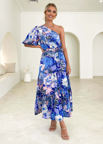 Summer Maxi Dress Printed Elegant Holiday Long Large Hem Dress for Women Blue Flower