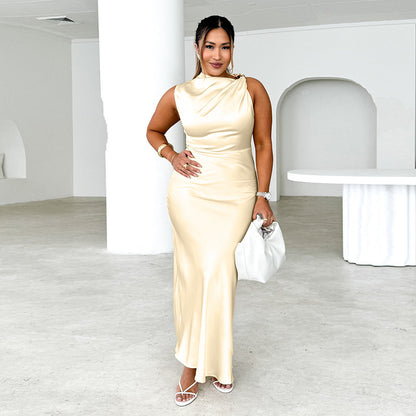 Summer Design Sexy Slim Shoulder Fishtail Satin Dress Women Gold