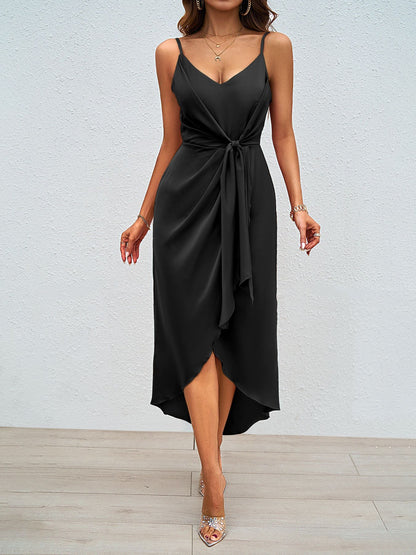 Sexy V Neck Backless Slit Loose Solid Color Sling Dress Women Black