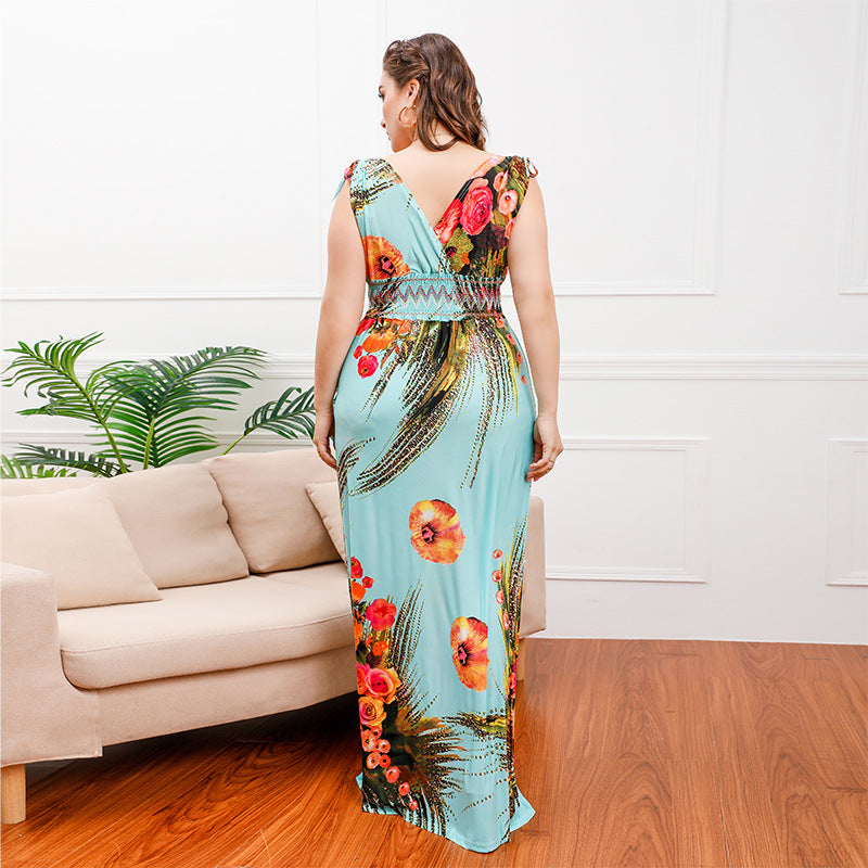Plus Size Bohemian Ice Silk Printed Midi Dress Seaside Holiday Beach Dress V neck Dress