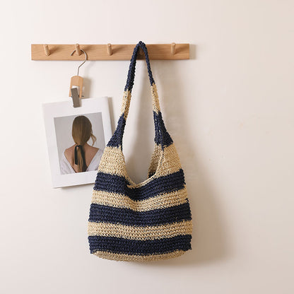 Large Capacity Striped Shoulder Straw Bag Hand Crocheted Straw Bag Woven Bag Seaside Vacation Beach Bag One Size Striped Big Handle Blue
