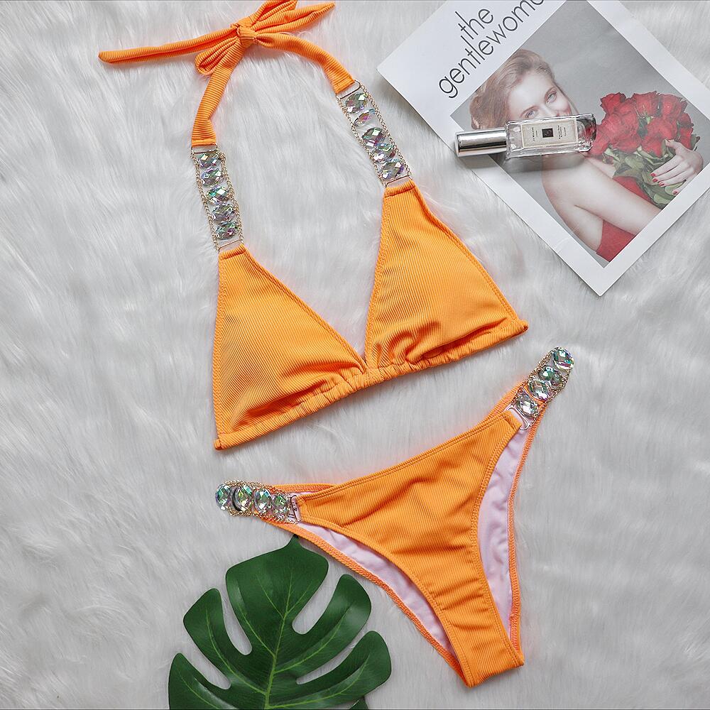Bikini Plain Women Split Strap Luxury Diamond Swimsuit Sexy Metal Chain Accessories Swimwear Orange
