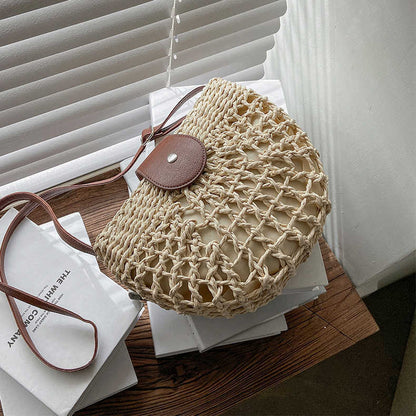 Fresh Hollow Out Cutout Semicircle Straw Bag Shoulder Crossbody Casual Straw Bag Woven Bag Vacation Beach Bag