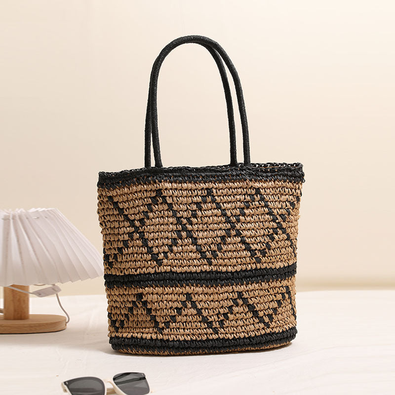Retro Rhombus Shoulder Straw Bag Straw Bag Woven Bag Vacation Beach Women Bag One Size Black