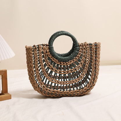 Hollowed out Semicircle Portable Straw Weaved Bag Round Handle Contrast Color Straw Bag Woven Bag Women Seaside Vacation Beach Bag One Size Color Matching Hollow out Yuan Dou Green