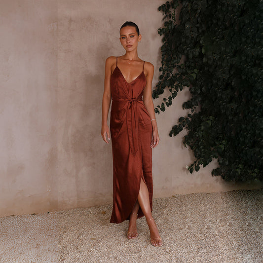 Spring Summer Sexy V neck Backless Slit Loose Sling Dress Women