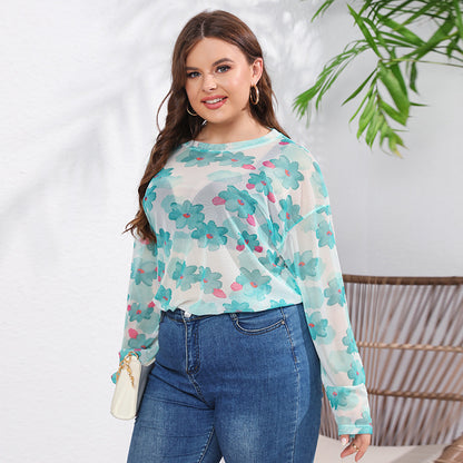 Women Lightweight Casual Printing round Neck Long Sleeve Top Ice Silk Net Yarn Cool T shirt