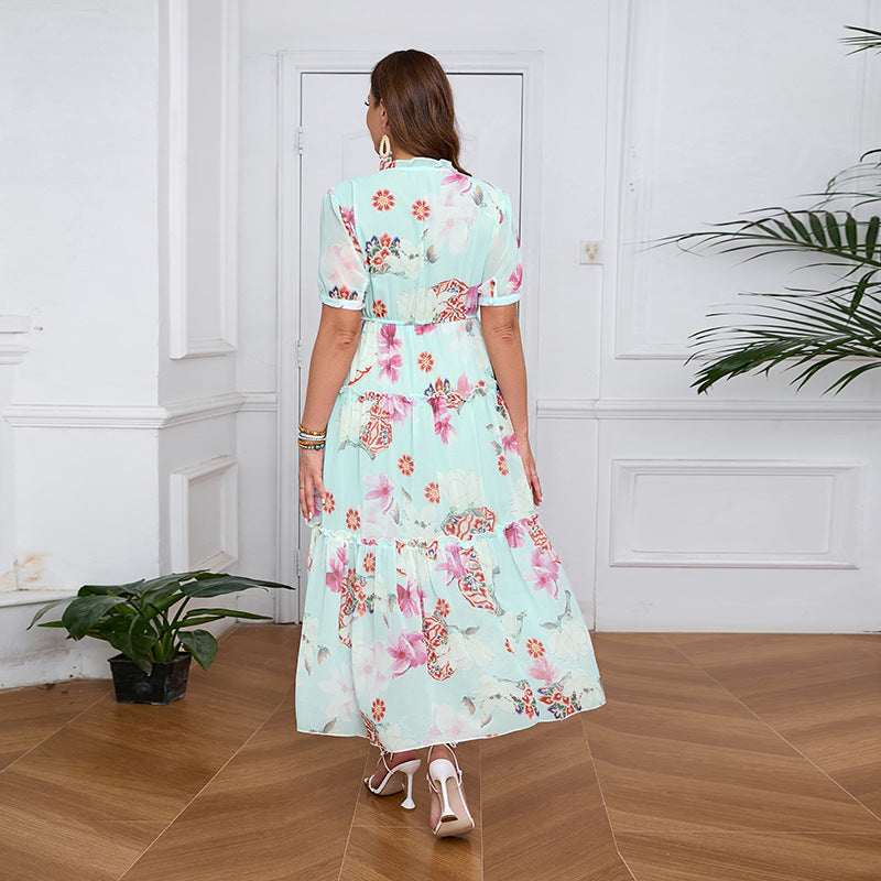 Plus Size Dress Ruffled Tencel Chiffon Big Swing Maxi Dress