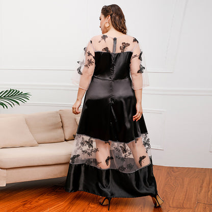 Plus Size French Royal Mesh Stitching Lace Girls Wearable Mid-Length Dress Ogen Mesh Banquet Dress