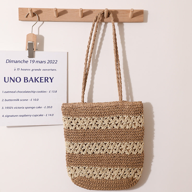 French Hollow Out Cutout Straw Bag Woven Bag One Shoulder Portable Large Capacity Handmade Women Bag Summer Seaside Vacation Beach Bag One Size Rice Character Design Coffee