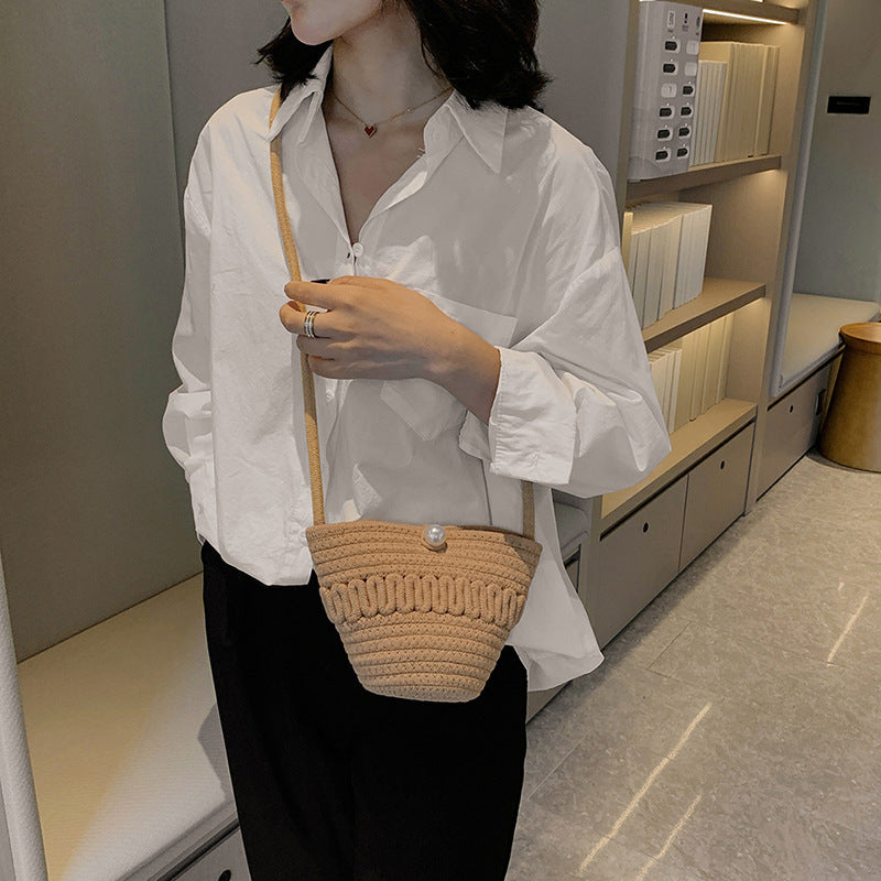 Crossbody Straw Bag Cotton Thread Woven Bag Mobile Phone Change Key Case Hollow Out Cutout Cotton Thread Woven Bag Casual Cute Women