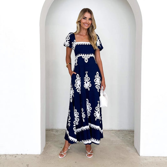 Summer Beach Dress - Floral Printed Smocking Vacation Dress with Puff Sleeves