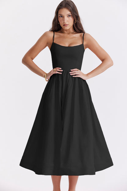 Women Clothing Solid Color Sexy Backless Spaghetti Straps Large Swing Dress Women Black