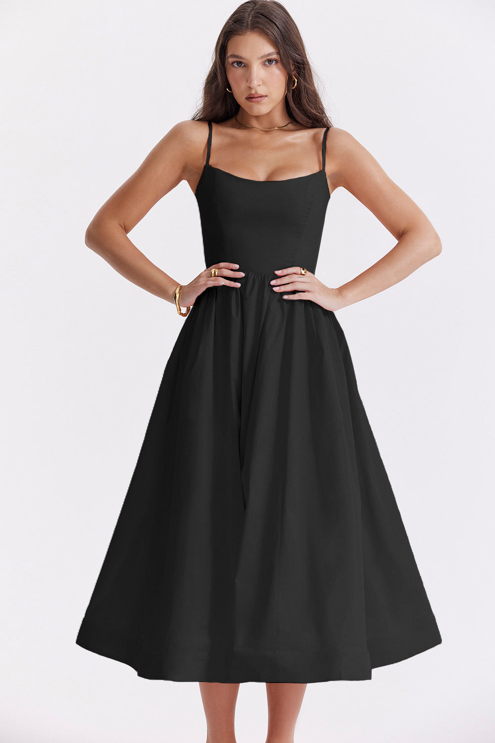 Women Clothing Solid Color Sexy Backless Spaghetti Straps Large Swing Dress Women Black