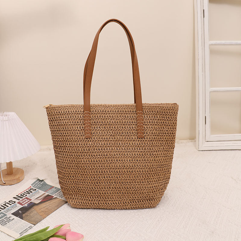 Simple Shoulder Large Capacity Straw Bag Women Summer Straw Bag Woven Bag Seaside Vacation Beach Bag Rattan Weave Bag One Size Straw Forest Slice Coffee
