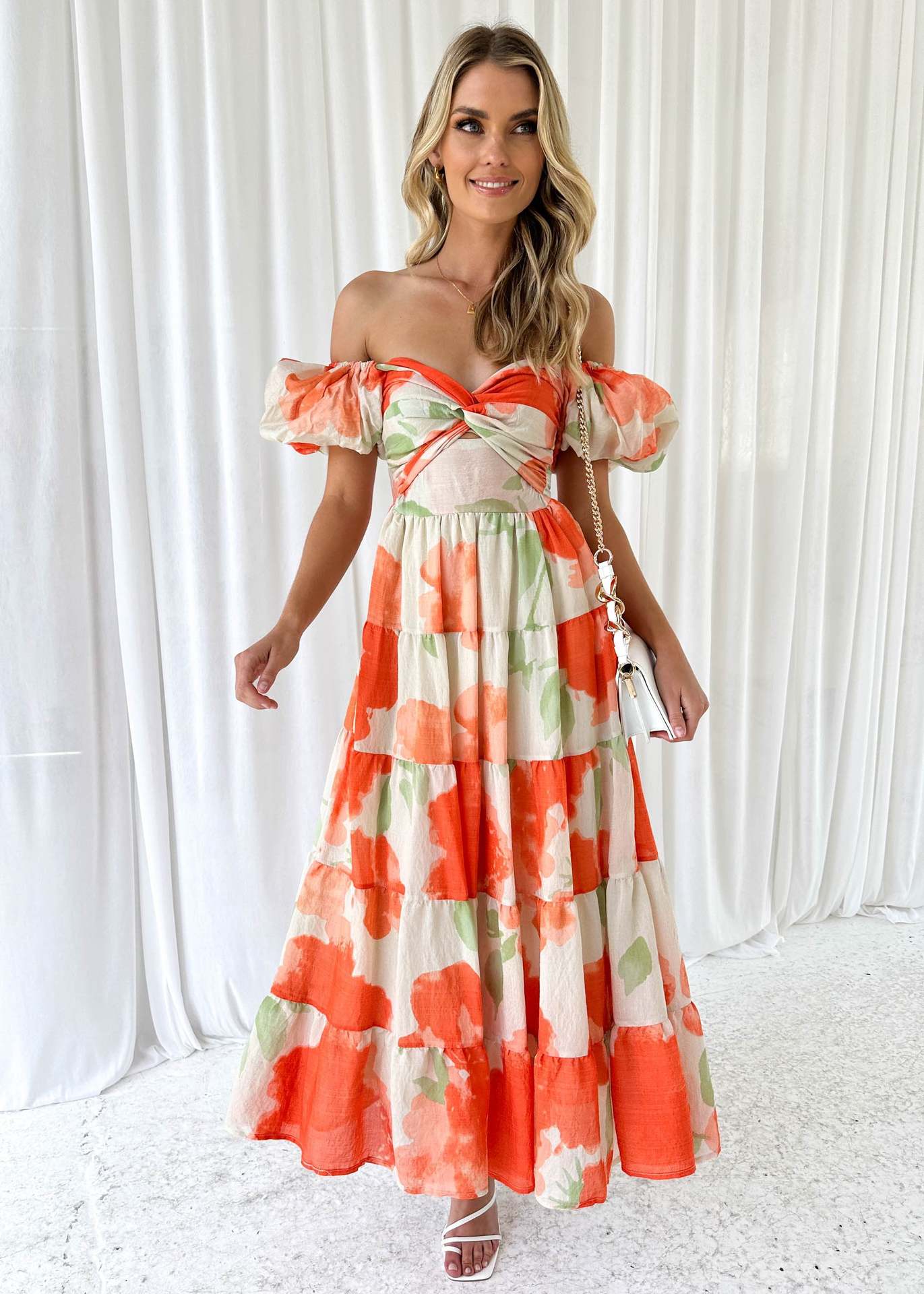 Spring Women Fashionable Elegant Puff Sleeve V neck Hollow Out Cutout out Printed Dress for Women White Background Orange Flower