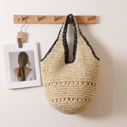 Large Capacity One Shoulder Straw Bag Casual Hollow Out Cutout Portable Straw Bag Woven Bag Women Seaside Vacation Beach Bag One Size Black-Edged Double-Handle Rice