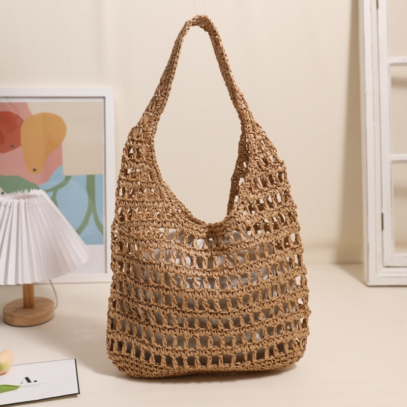 French Large Capacity Shoulder Straw Bag Hollow Out Cutout Tote Portable Straw Bag Woven Bag Seaside Vacation Beach Bag One Size Coffee
