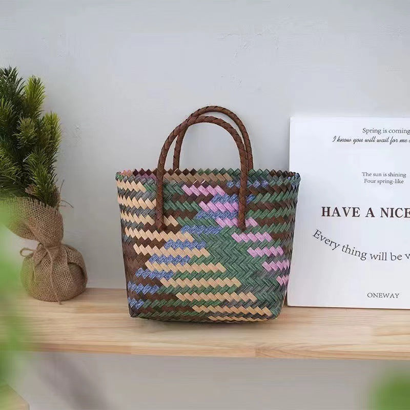Retro Color Portable Straw Weaved Bag Square Hand Woven Bag Vacation Beach Bag Women Bag One Size Pp Small Editor Color Matching Coffee