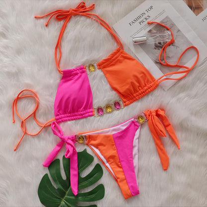 Baizi Crystal Diamond Bikini Sexy Patchwork Strap Women Split Swimsuit 7