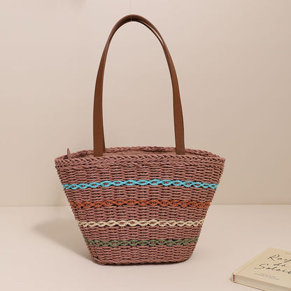 Colorful Striped Shoulder French Straw Bag Large Capacity Woven Bag Women Seaside Vacation Beach Bag One Size Multi3