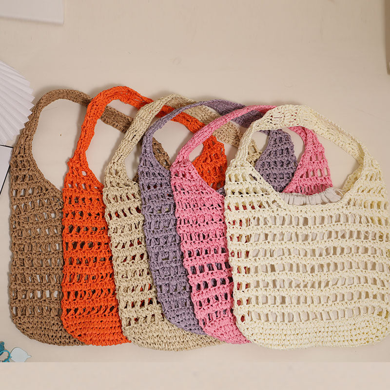 French Large Capacity Shoulder Straw Bag Hollow Out Cutout Tote Portable Straw Bag Woven Bag Seaside Vacation Beach Bag