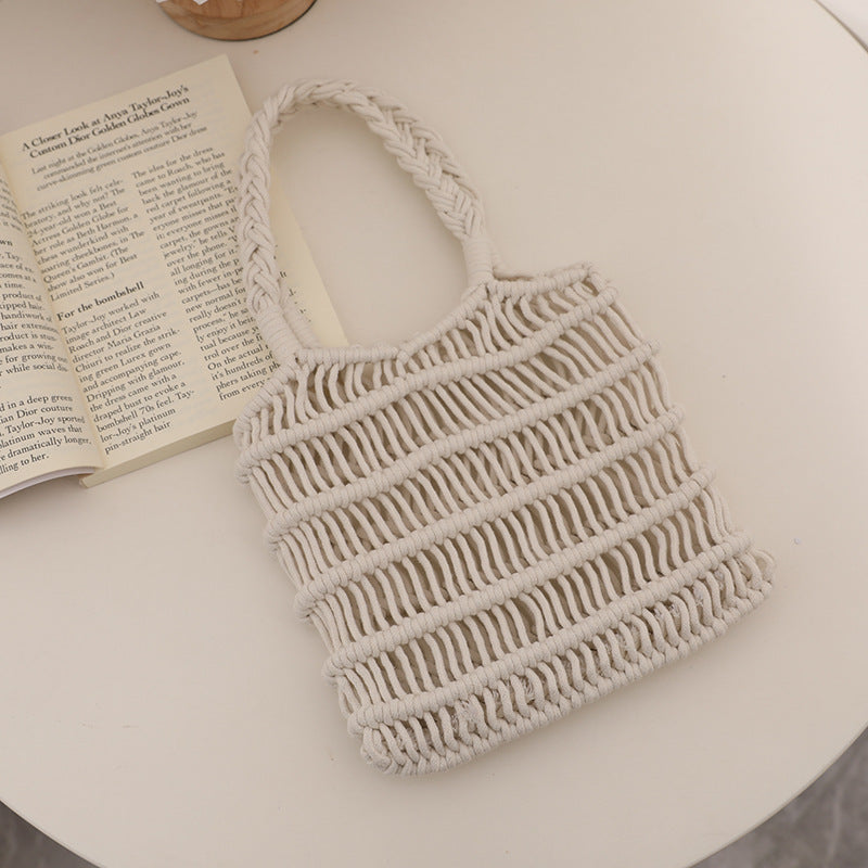 Fresh Hollow Out Cutout Cotton Thread Woven Bag Summer Idle Mesh Straw Bag Women Bag Seaside Vacation Beach Bag One Size Small Wave White