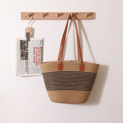 Striped Shoulder Straw Bag Woven Bag Summer Large Capacity Casual All Match Women Seaside Beach Rattan Woven Bag One Size Belt Pinstripe