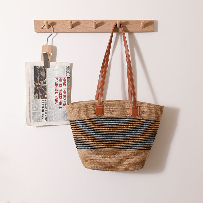 Striped Shoulder Straw Bag Woven Bag Summer Large Capacity Casual All Match Women Seaside Beach Rattan Woven Bag One Size Belt Pinstripe