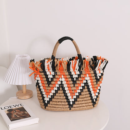 Color Matching Loose Edge Straw Bag Loose Edge Portable Color Matching Woven Bag Seaside Vacation Beach Bag Women Bag One Size Loose Edge Wavy Orange