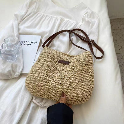 Crossbody Straw Bag Simple Shoulder Straw Bag Woven Bag Vacation Beach Bag All Match Women Bag One Size Cream