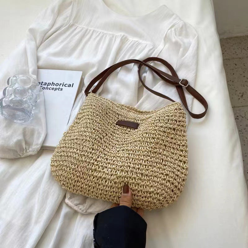 Crossbody Straw Bag Simple Shoulder Straw Bag Woven Bag Vacation Beach Bag All Match Women Bag One Size Cream