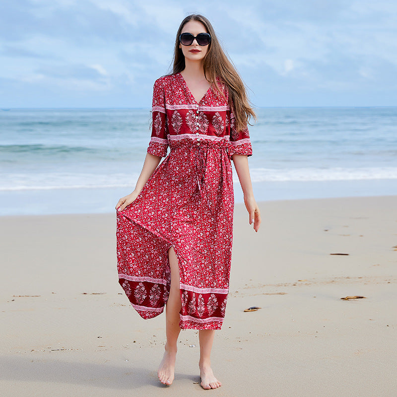 Plus Size Bohemian V neck Seaside Holiday Large Swing Drses Women Floral Breasted Dress Hem Slit Dress