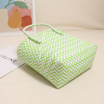 Cute Portable Plastic Woven Bag Fresh Square Straw Bag Vacation Beach Bag All Match Vegetable Basket Bag