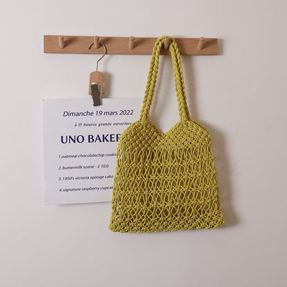 Hollow Out Cutout One Shoulder Cotton Thread Woven Bag Floral Straw Bag Vacation Beach Bag Women Bag One Size V-Shaped Twist Yellow