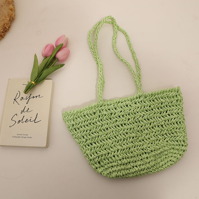One Shoulder Straw Bag Simple Hollow Out Cutout out Straw Bag Woven Bag Summer Sweet Portable Seaside Vacation Beach Bag Women One Size Green