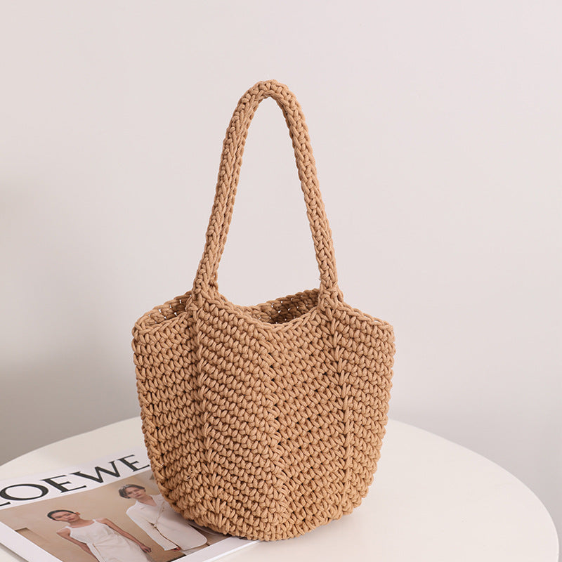 South Korea Vintage Shoulder Cotton Thread Woven Bag Crochet Handbag Straw Bag Vacation Beach Bag One Size Cotton Thread Carambola Coffee Belt Magnetic Snap