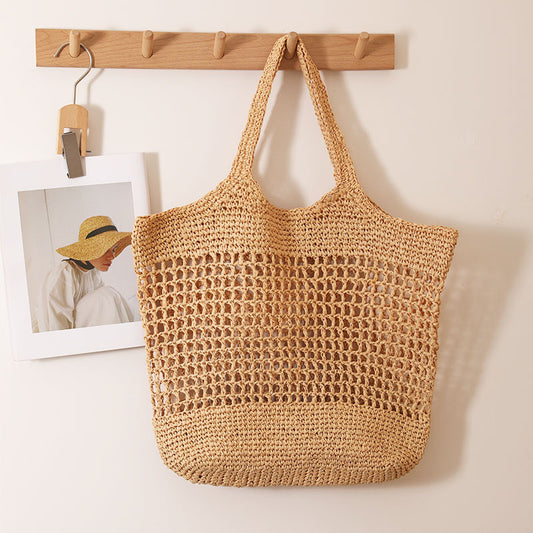 Large Capacity Tote Straw Bag Hollow Out Cutout Shoulder Straw Bag Woven Bag Vacation Beach Bag Women Bag One Size Brown